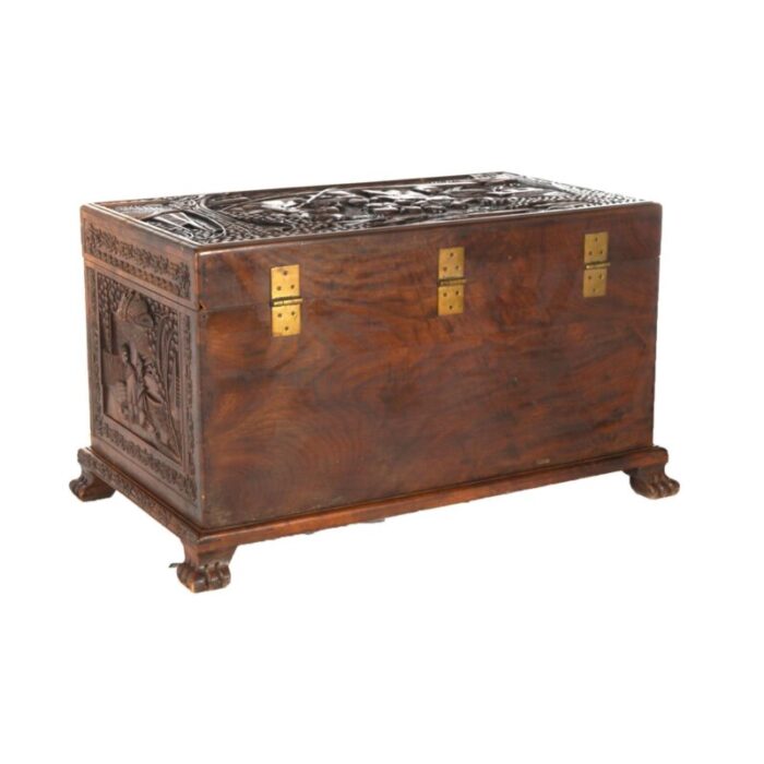 antique chinese hardwood carved in relief chinoiserie blanket chest c1920 2148