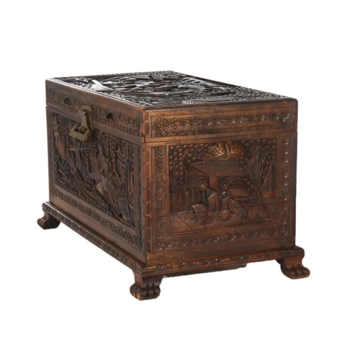 antique chinese hardwood carved in relief chinoiserie blanket chest c1920 4358