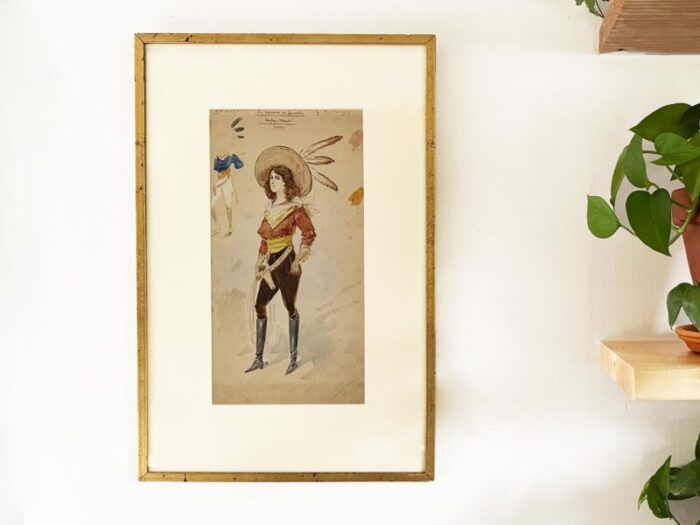 antique cowgirl costume design painting alfredo edel watercolor original art framed 1614