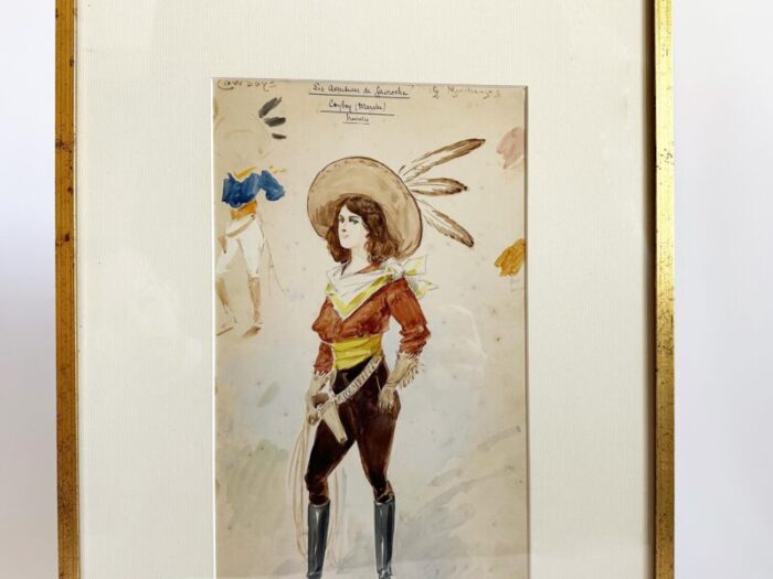 antique cowgirl costume design painting alfredo edel watercolor original art framed 2393