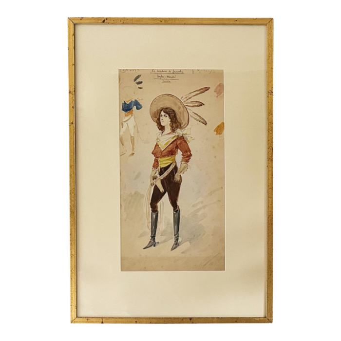 antique cowgirl costume design painting alfredo edel watercolor original art framed 6383