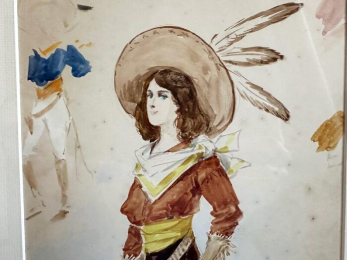 antique cowgirl costume design painting alfredo edel watercolor original art framed 8857