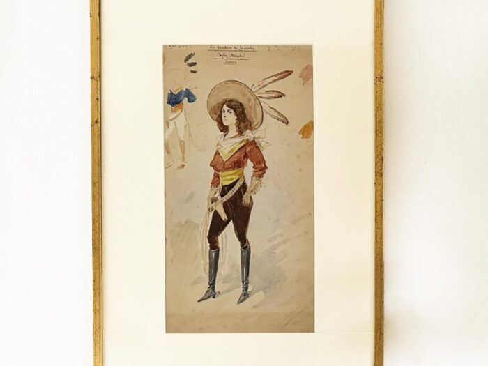 antique cowgirl costume design painting alfredo edel watercolor original art framed 9180