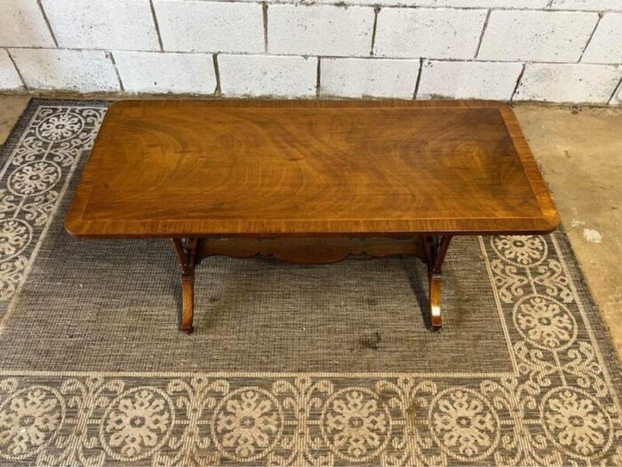 antique early 20th century regency style flame mahogany inlaid coffee table 0757