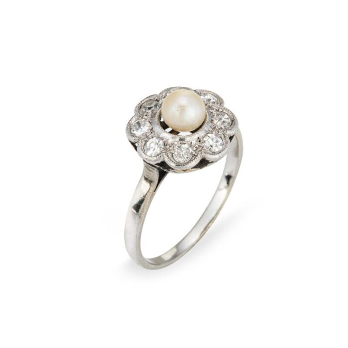 antique edwardian pearl diamond ring cluster 18k white gold engagement bridal 6 6185