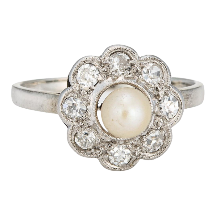 antique edwardian pearl diamond ring cluster 18k white gold engagement bridal 6 9194