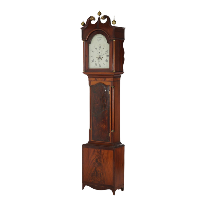 antique english j carpenter harris town flame mahogany grandfather clock 19th century 5713