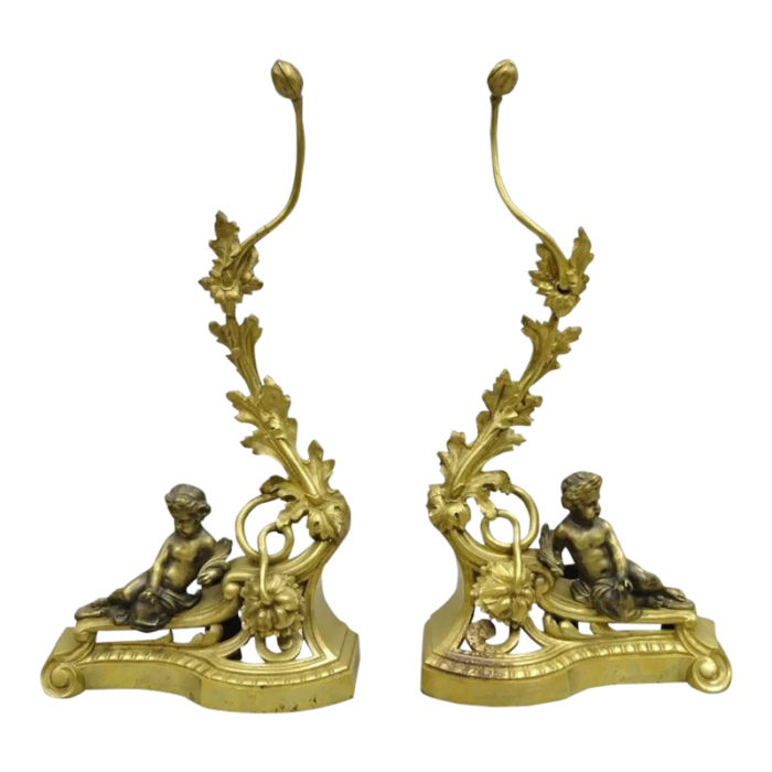 antique french louis xv rococo style bronze cherub acanthus leaf andirons pair 2402