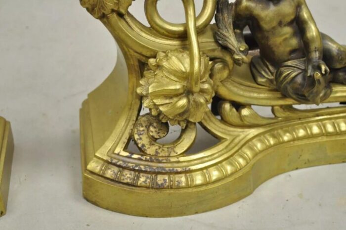 antique french louis xv rococo style bronze cherub acanthus leaf andirons pair 2597