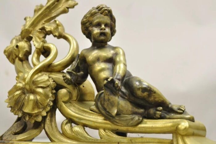 antique french louis xv rococo style bronze cherub acanthus leaf andirons pair 4001