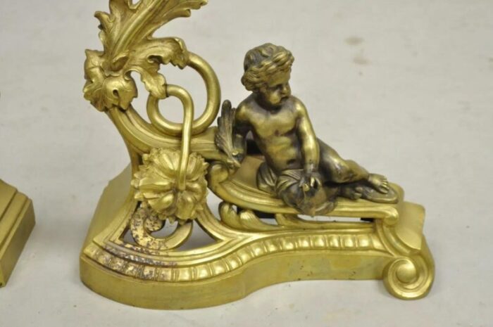 antique french louis xv rococo style bronze cherub acanthus leaf andirons pair 4466