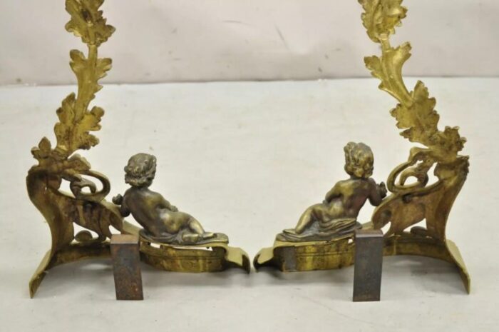 antique french louis xv rococo style bronze cherub acanthus leaf andirons pair 5557