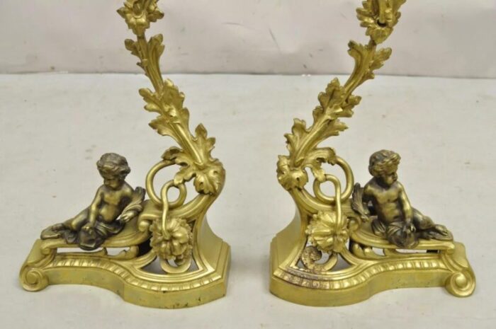 antique french louis xv rococo style bronze cherub acanthus leaf andirons pair 6328