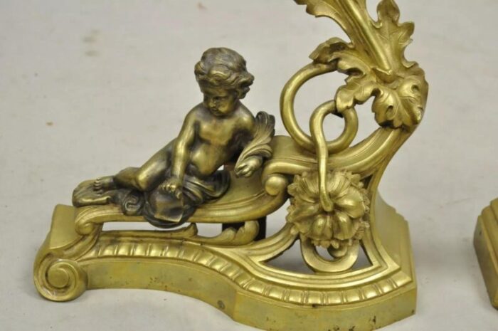 antique french louis xv rococo style bronze cherub acanthus leaf andirons pair 7032