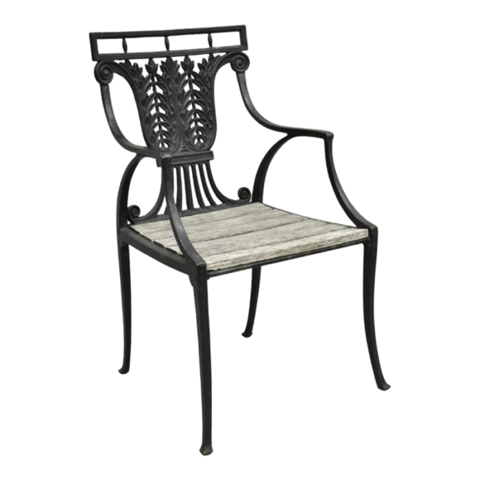 antique french regency style cast iron wooden slat garden arm chair 0178