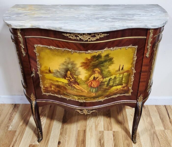 antique french vernis martin painted marble top and bronze chest cabinet 0967