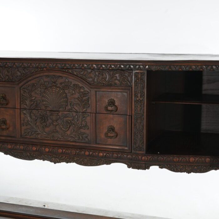 antique jacobean foliate carved oak and walnut sideboard c1900 0344