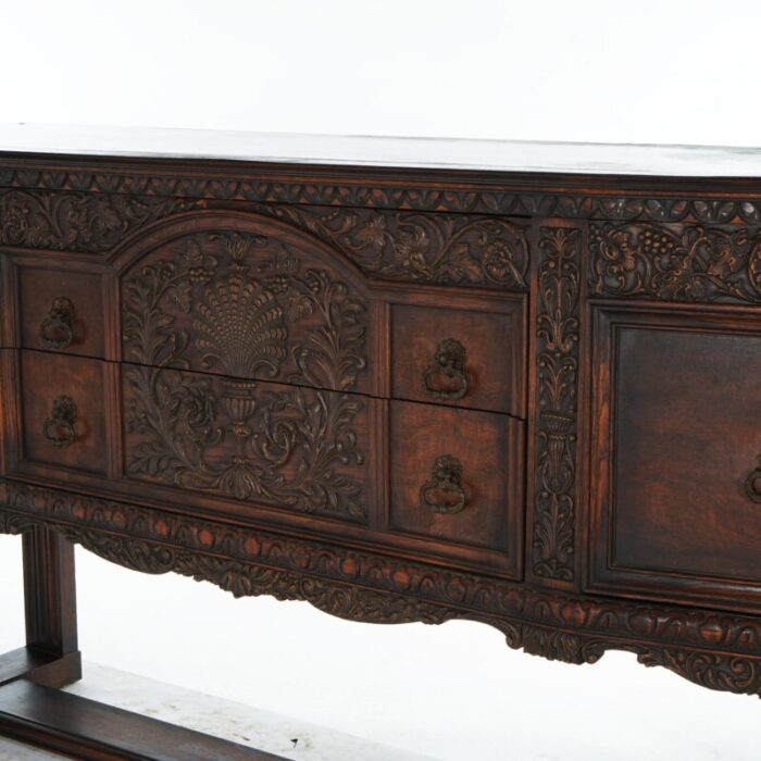 antique jacobean foliate carved oak and walnut sideboard c1900 1055