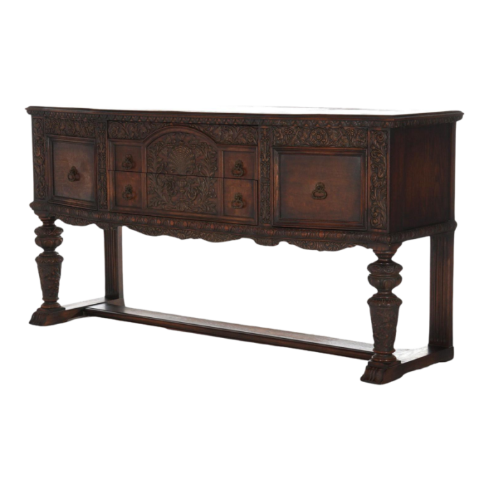 antique jacobean foliate carved oak and walnut sideboard c1900 1697