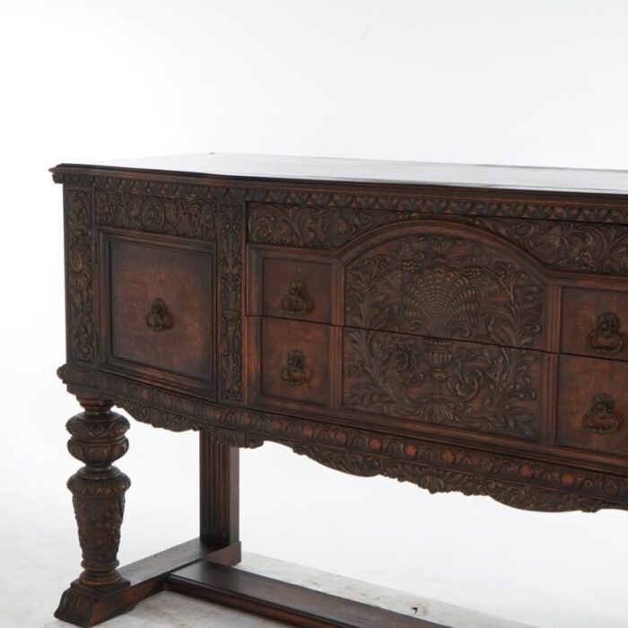 antique jacobean foliate carved oak and walnut sideboard c1900 3885