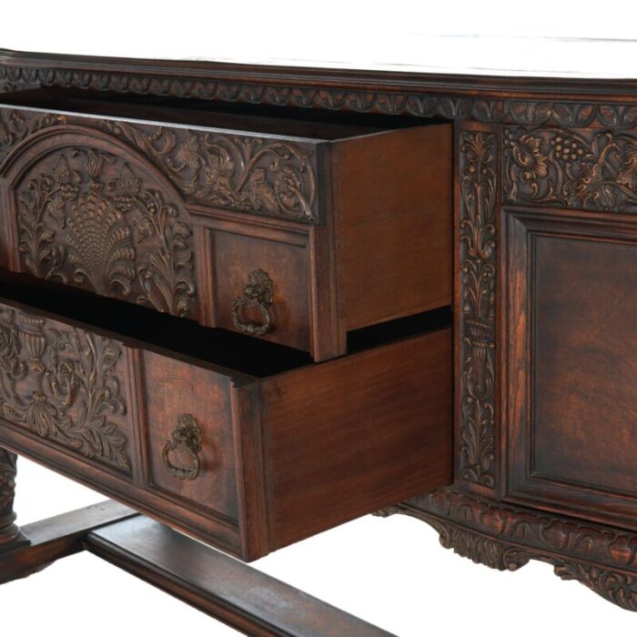 antique jacobean foliate carved oak and walnut sideboard c1900 4304