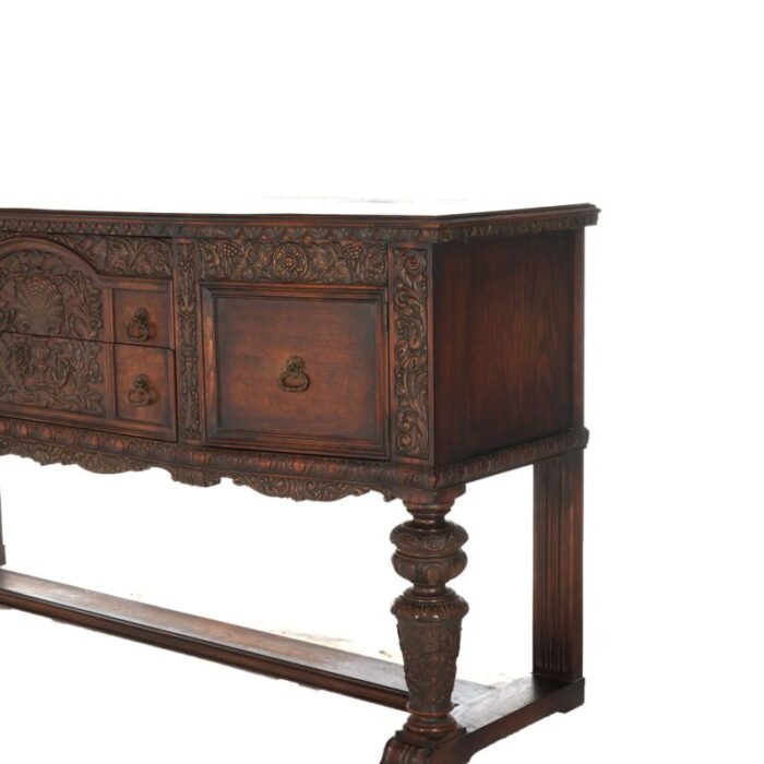 antique jacobean foliate carved oak and walnut sideboard c1900 6874