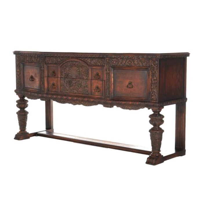 antique jacobean foliate carved oak and walnut sideboard c1900 9614