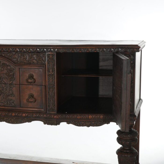 antique jacobean foliate carved oak and walnut sideboard c1900 9977