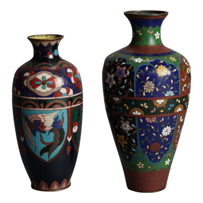 antique japanese cloisonne enameled vases c1920 set of 2 0186