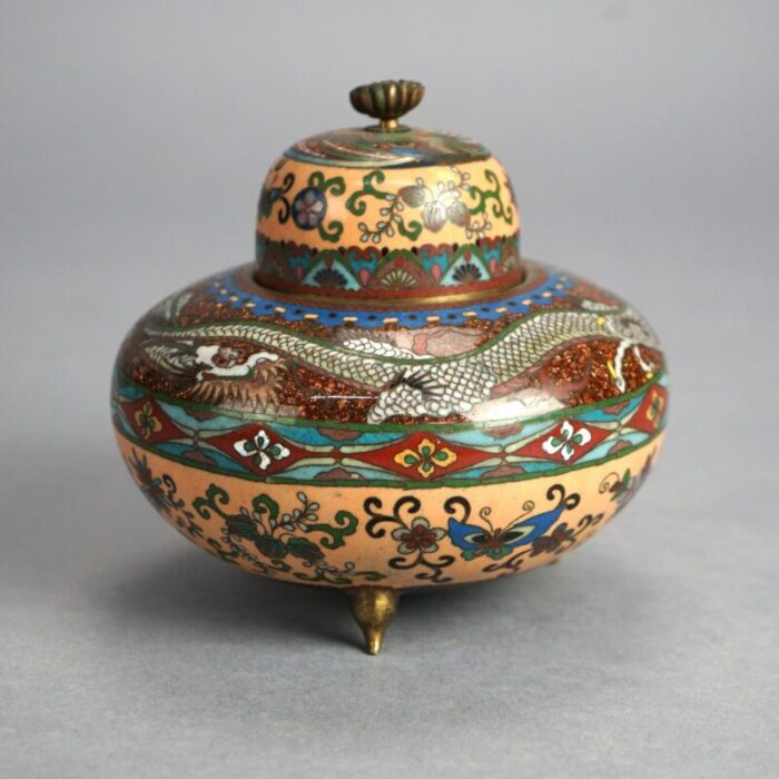 antique japanese meiji cloisonne enameled and lidded scent dragon jar circa 1920 2202