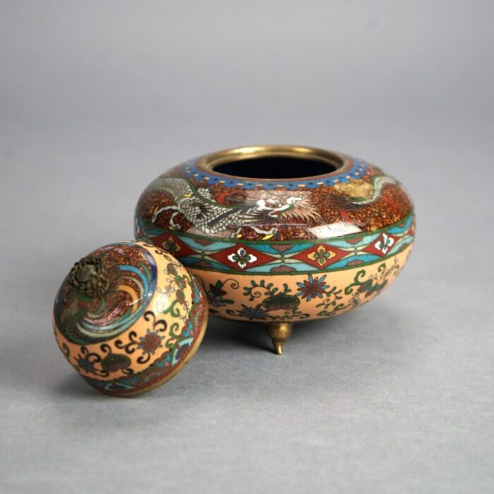 antique japanese meiji cloisonne enameled and lidded scent dragon jar circa 1920 3807