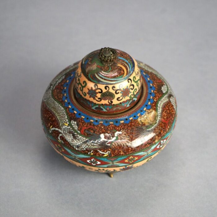 antique japanese meiji cloisonne enameled and lidded scent dragon jar circa 1920 5090