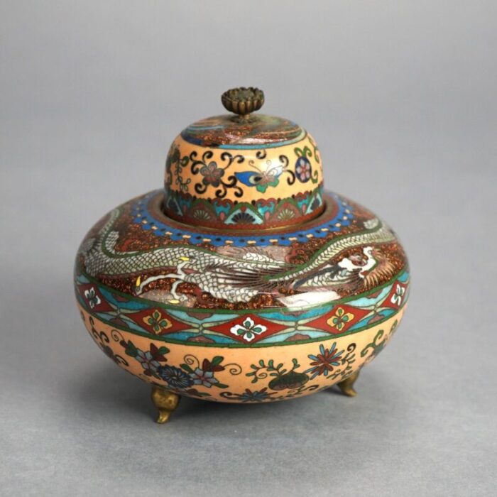 antique japanese meiji cloisonne enameled and lidded scent dragon jar circa 1920 5783