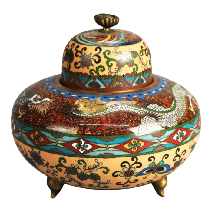 antique japanese meiji cloisonne enameled and lidded scent dragon jar circa 1920 6446