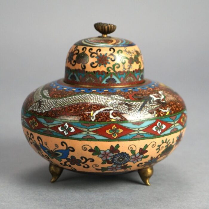 antique japanese meiji cloisonne enameled and lidded scent dragon jar circa 1920 6638