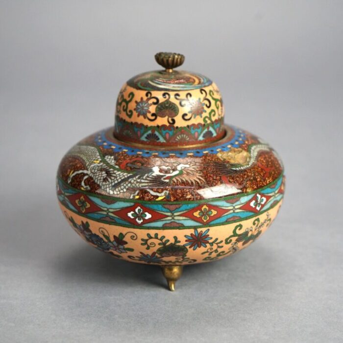 antique japanese meiji cloisonne enameled and lidded scent dragon jar circa 1920 6822