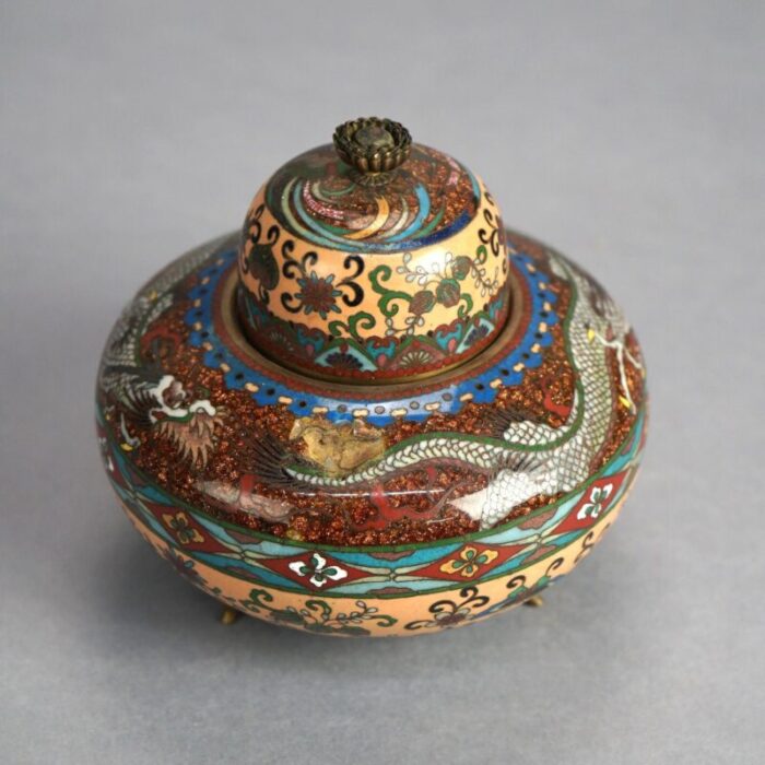 antique japanese meiji cloisonne enameled and lidded scent dragon jar circa 1920 7067