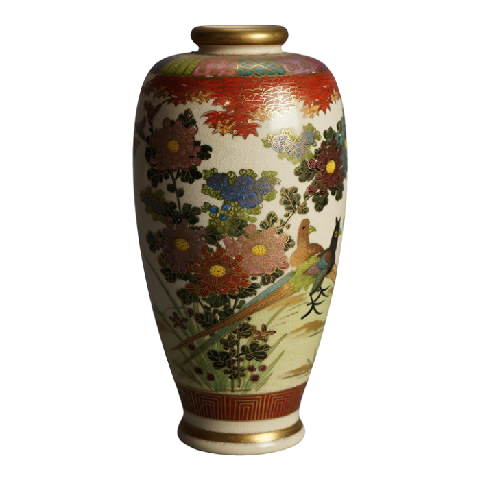 antique japanese satsuma hand painted pottery vase with flowers and birds circa 1920 5675