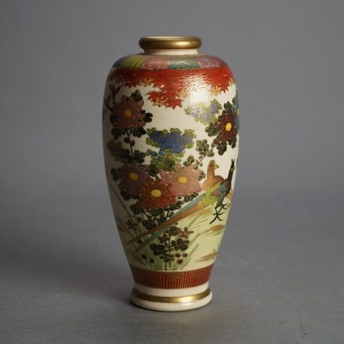 antique japanese satsuma hand painted pottery vase with flowers and birds circa 1920 5793