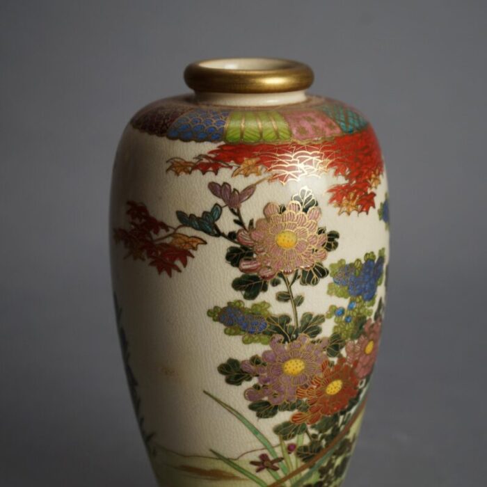 antique japanese satsuma hand painted pottery vase with flowers and birds circa 1920 7138