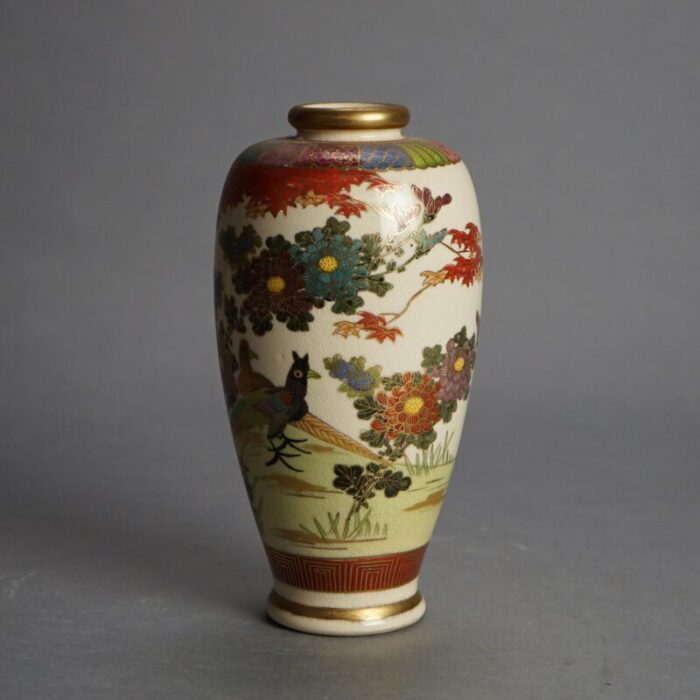 antique japanese satsuma hand painted pottery vase with flowers and birds circa 1920 7602