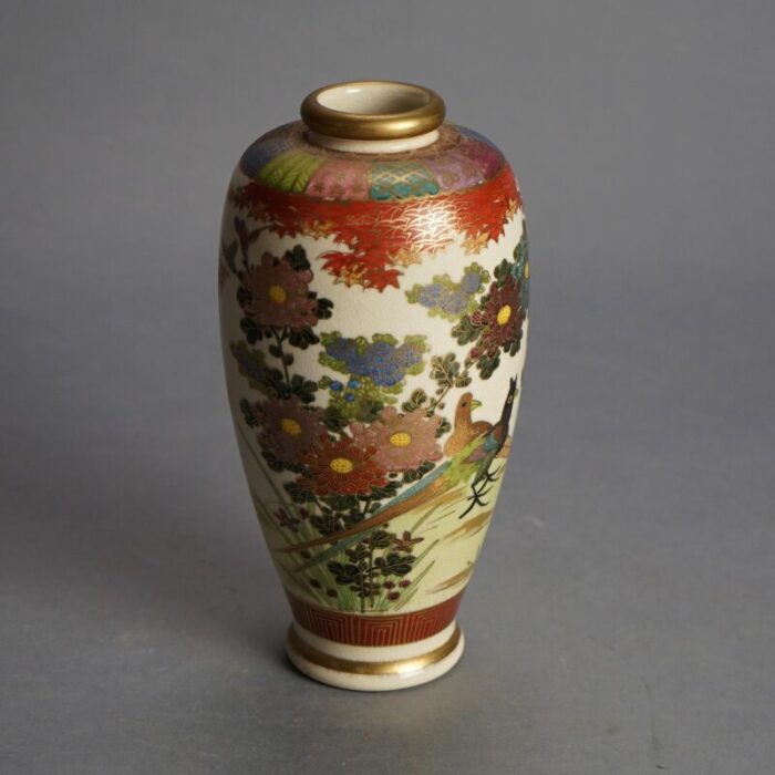 antique japanese satsuma hand painted pottery vase with flowers and birds circa 1920 7632