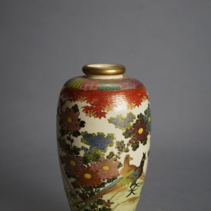 antique japanese satsuma hand painted pottery vase with flowers and birds circa 1920 9445