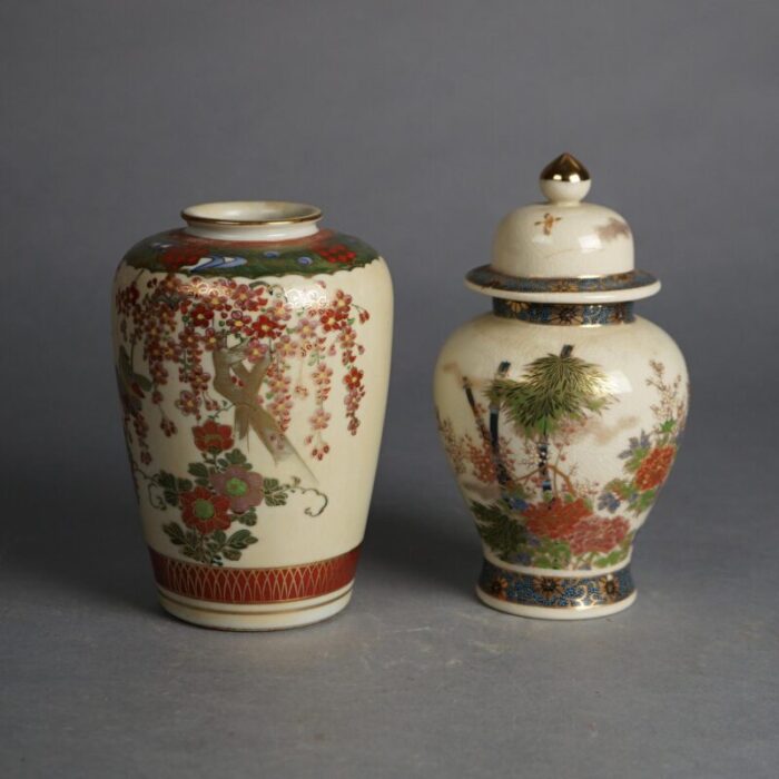 antique japanese satsuma pottery vase and lidded urn hand painted and gilt circa 1920 set of 2 0444