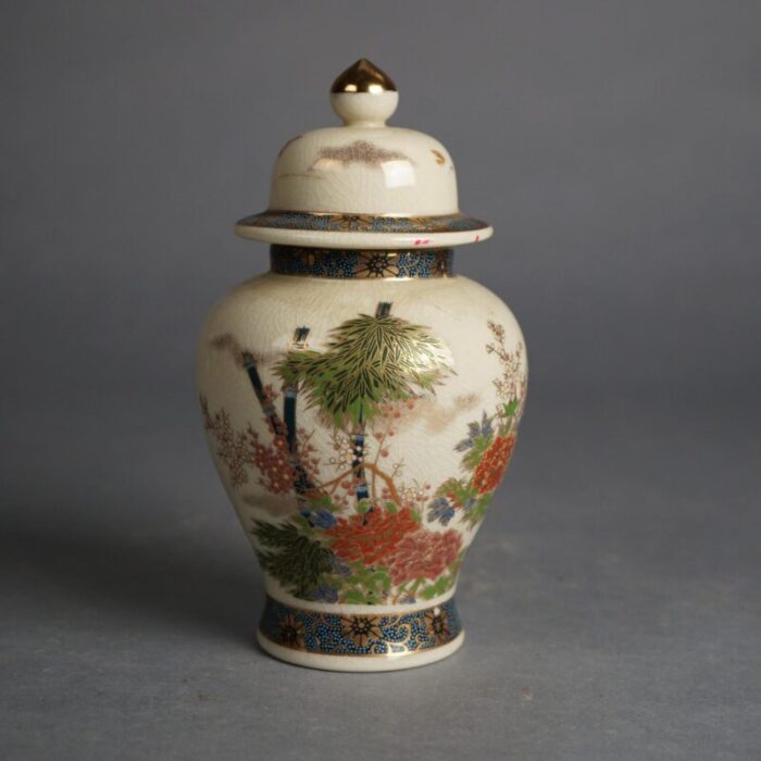 antique japanese satsuma pottery vase and lidded urn hand painted and gilt circa 1920 set of 2 2027