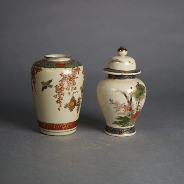 antique japanese satsuma pottery vase and lidded urn hand painted and gilt circa 1920 set of 2 6156