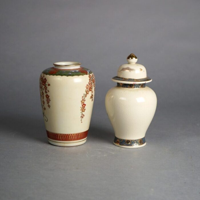 antique japanese satsuma pottery vase and lidded urn hand painted and gilt circa 1920 set of 2 7671