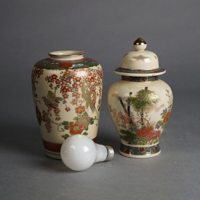 antique japanese satsuma pottery vase and lidded urn hand painted and gilt circa 1920 set of 2 8449