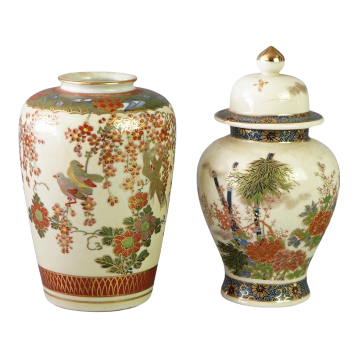 antique japanese satsuma pottery vase and lidded urn hand painted and gilt circa 1920 set of 2 8601