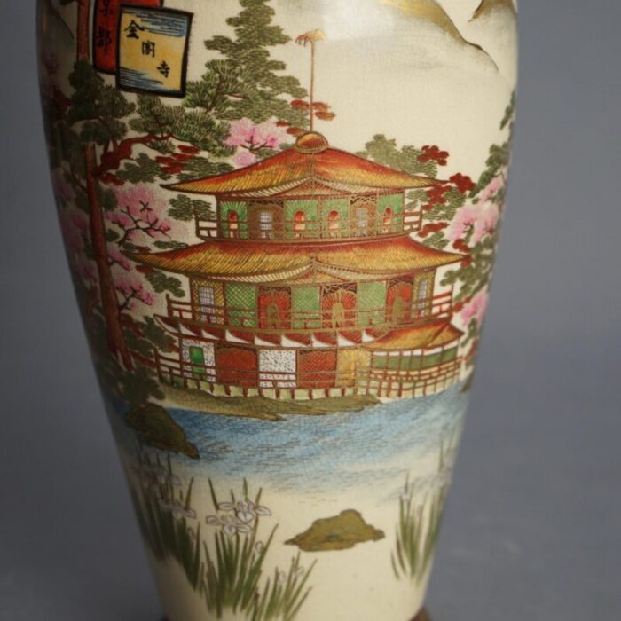 antique japanese satsuma pottery vase with pagoda and landscape circa 1920 1405